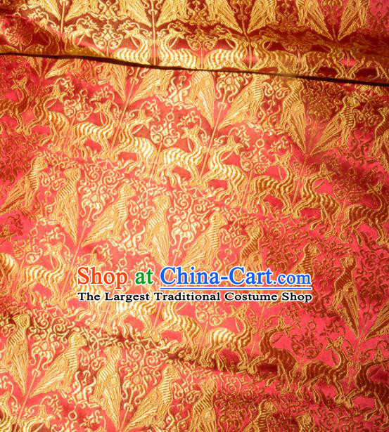 Chinese Traditional Red Silk Fabric Cheongsam Tang Suit Brocade Palace Deers Pattern Cloth Material Drapery