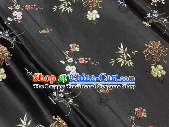 Chinese Traditional Silk Fabric Tang Suit Black Brocade Cheongsam Plum Blossom Orchid Bamboo and Chrysanthemum Pattern Cloth Material Drapery