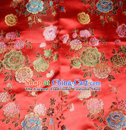 Chinese Traditional Silk Fabric Tang Suit Red Brocade Cheongsam Classical Peony Pattern Cloth Material Drapery