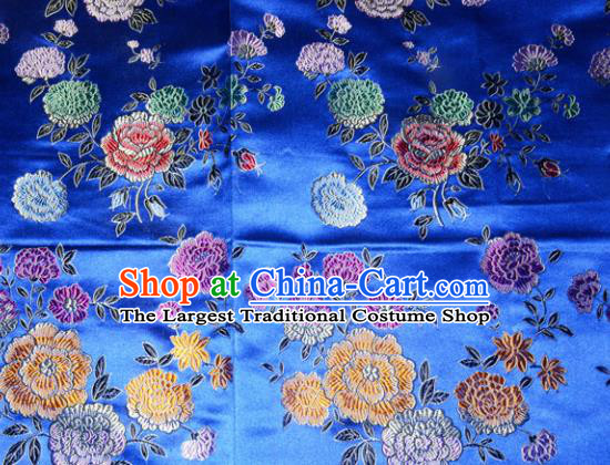 Chinese Traditional Silk Fabric Tang Suit Blue Brocade Cheongsam Classical Peony Pattern Cloth Material Drapery