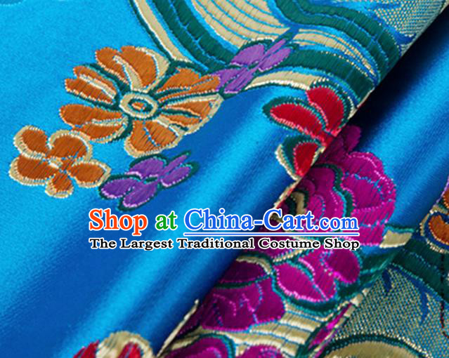 Chinese Traditional Silk Fabric Tang Suit Classical Flowers Pattern Blue Brocade Cloth Cheongsam Material Drapery