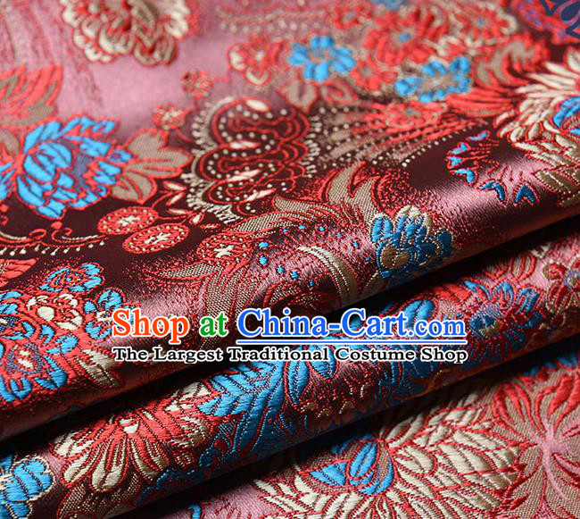 Chinese Traditional Tang Suit Brownish Red Brocade Fabric Peony Pattern Silk Cloth Cheongsam Material Drapery