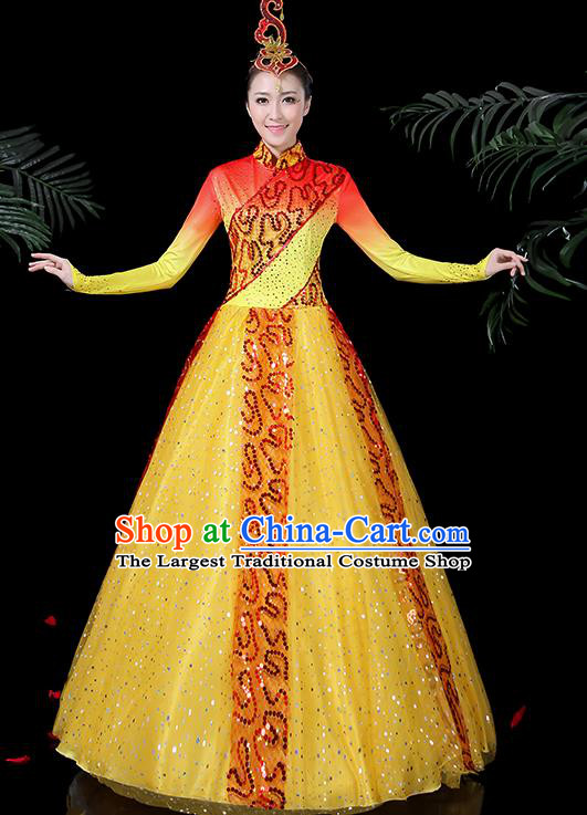 Chinese Classical Dance Costume Traditional Folk Dance Yellow Dress for Women