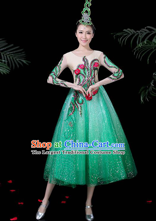 Chinese Classical Dance Costume Traditional Folk Dance Chorus Green Dress for Women