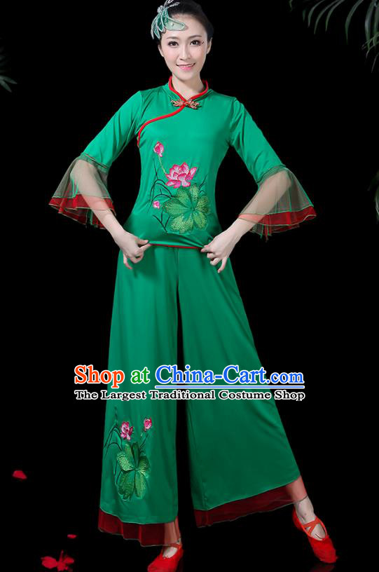 Chinese Classical Drum Dance Green Costume Traditional Folk Dance Lotus Dance Yangko Clothing for Women