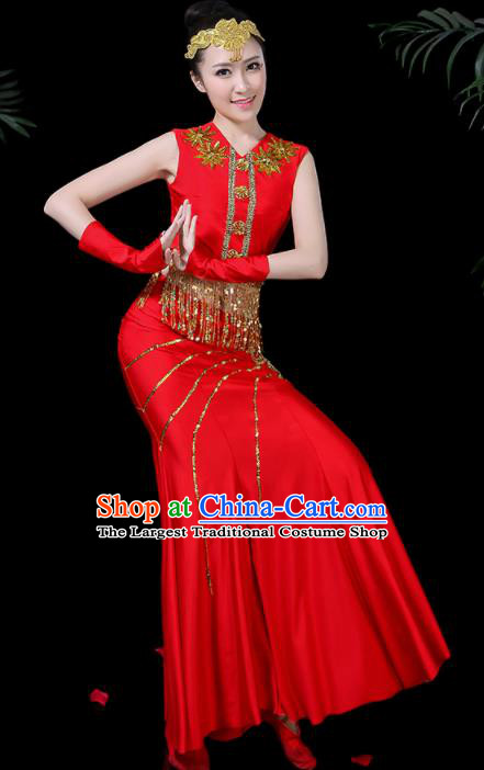 Chinese Traditional Classical Peacock Dance Red Dress Dai Minority Folk Dance Costume for Women