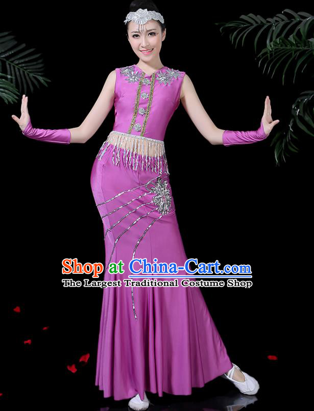 Chinese Traditional Classical Peacock Dance Purple Dress Dai Minority Folk Dance Costume for Women