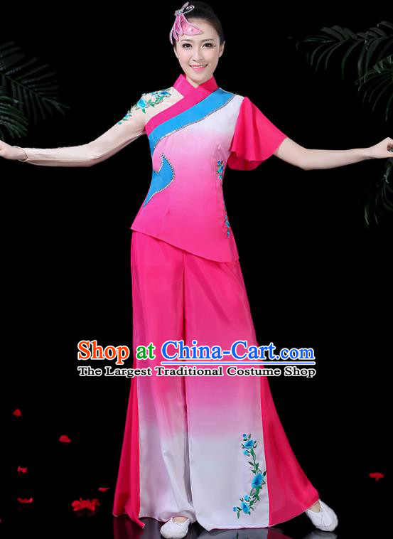 Chinese Classical Dance Rosy Costume Traditional Yangko Folk Dance Fan Dance Clothing for Women