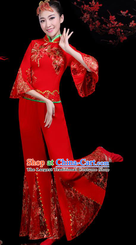 Traditional Fan Dance Yangko Red Lace Costumes Chinese Folk Dance Umbrella Dance Costume for Women