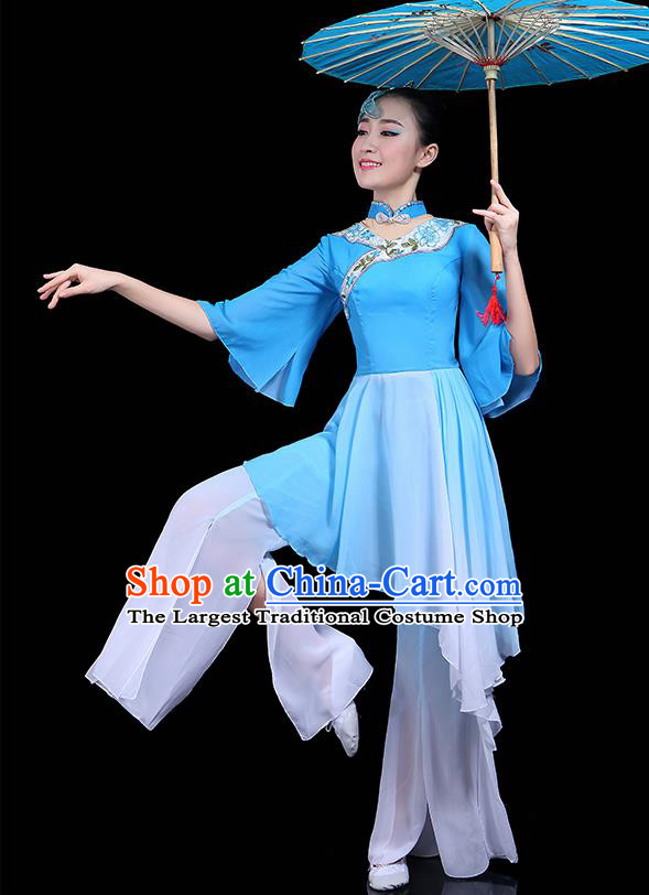 Traditional Classical Dance Blue Dress Chinese Folk Dance Umbrella Dance Costume for Women