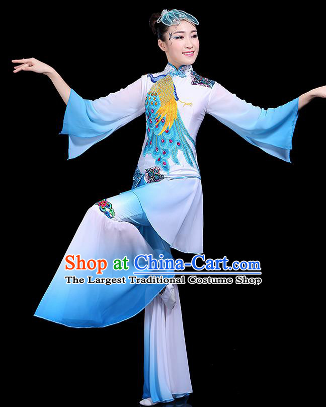 Traditional Classical Dance Yangge Blue Clothing Chinese Folk Dance Umbrella Dance Costume for Women