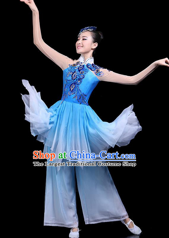Traditional Classical Dance Umbrella Dance Blue Clothing Chinese Folk Dance Costume for Women