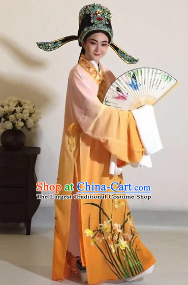 Chinese Traditional Beijing Opera Scholar Costume Peking Opera Embroidered Orchid Orange Robe for Adults