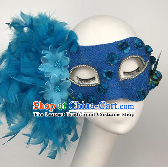 Top Halloween Accessories Brazilian Carnival Catwalks Blue Feather Face Masks for Women