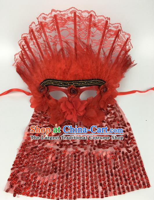 Top Halloween Accessories Brazilian Carnival Catwalks Red Lace Feather Face Masks for Women
