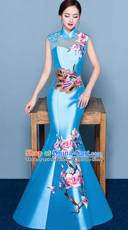 Chinese Traditional Elegant Magnolia Qipao Dress Classical Costume Blue Cheongsam for Women
