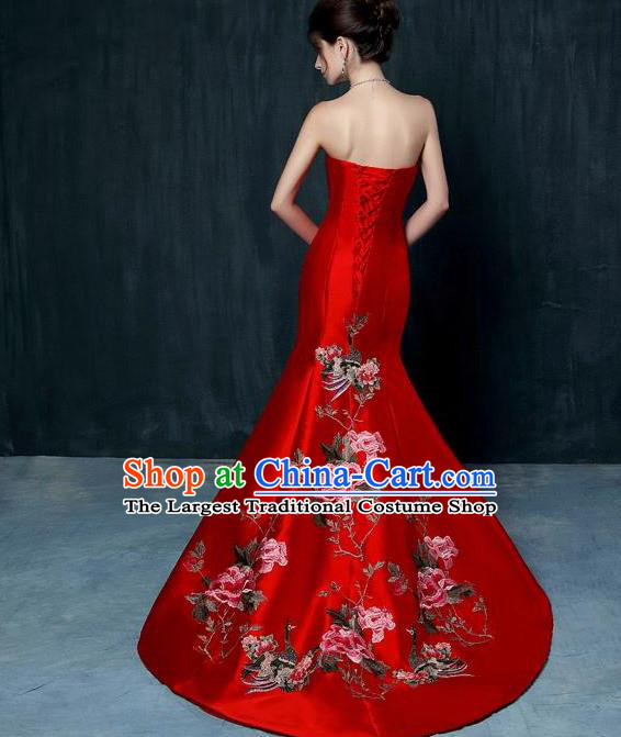 Top Stage Show Chorus Costumes Catwalks Compere Red Wedding Trailing Full Dress for Women