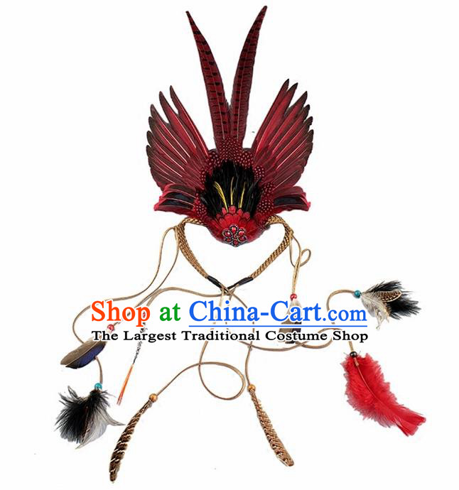 Top Halloween Apache Knight Red Feather Headpiece Carnival Catwalks Primitive Tribe Headwear