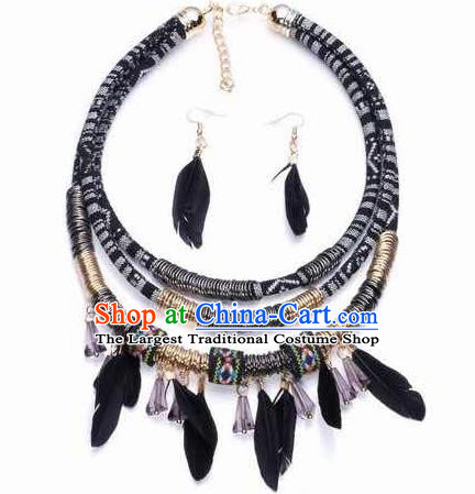Handmade Black Feather Necklace Stage Show Necklet and Earrings Accessories for Women