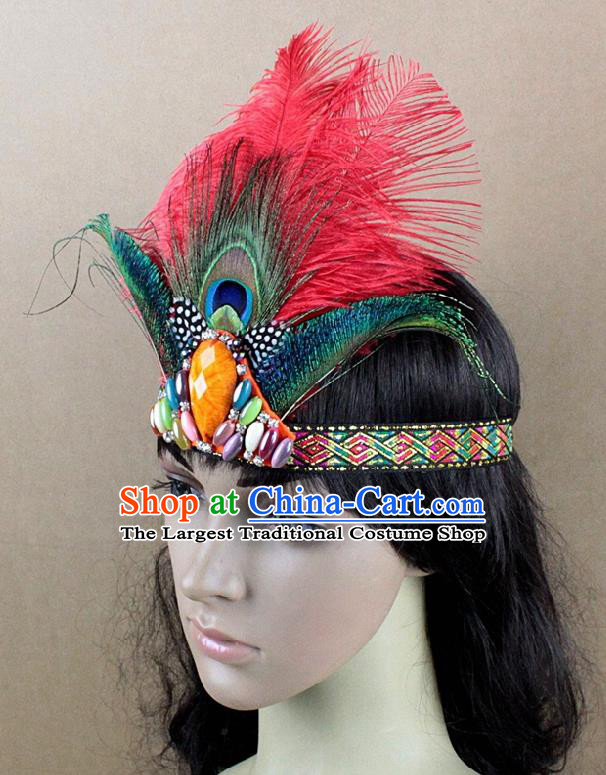Top Rio Carnival Dance Red Feather Hair Accessories Primitive Tribe Apache Knight Headwear for Adults