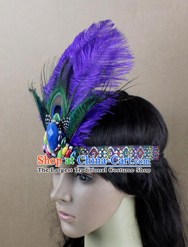 Top Rio Carnival Dance Purple Feather Hair Accessories Primitive Tribe Apache Knight Headwear for Adults