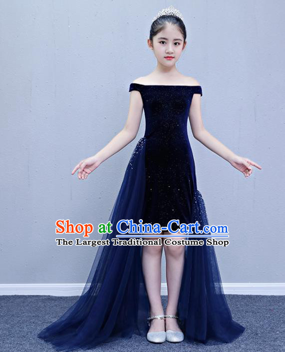 Children Modern Dance Costume Court Dance Compere Blue Full Dress for Girls Kids
