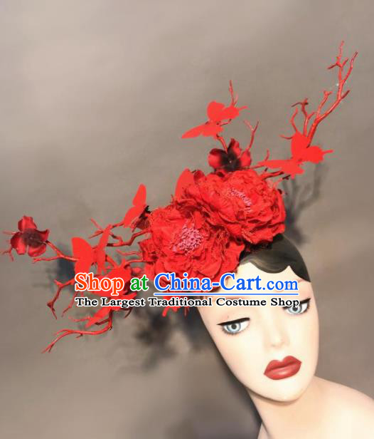 Top Halloween Stage Show Hair Accessories Brazilian Carnival Catwalks Red Peony Butterfly Headdress for Women