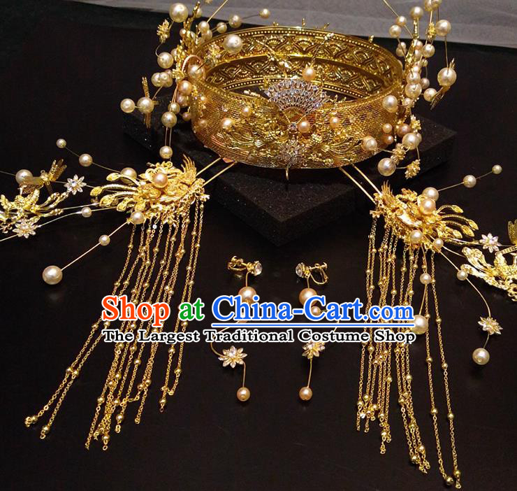 Top Chinese Traditional Hair Accessories Classical Golden Phoenix Coronet Hairpins Headdress for Women