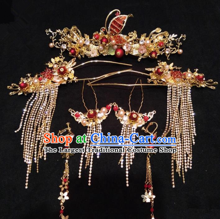 Top Chinese Traditional Wedding Red Butterfly Phoenix Coronet Classical Tassel Hairpins Headdress for Women
