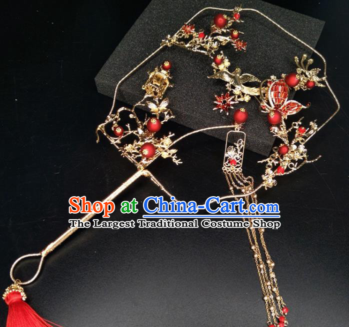 Chinese Traditional Wedding Accessories Classical Bride Red Butterfly Flowers Palace Fans for Women