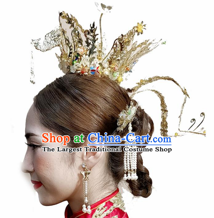 Top Chinese Traditional Palace Hair Accessories Ancient Golden Phoenix Coronet Hairpins Complete Set for Women