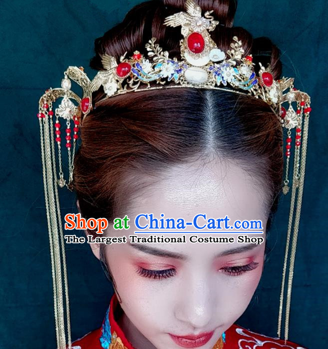 Top Chinese Traditional Wedding Hair Accessories Ancient Cranes Jewel Hair Combs Hairpins Complete Set for Women