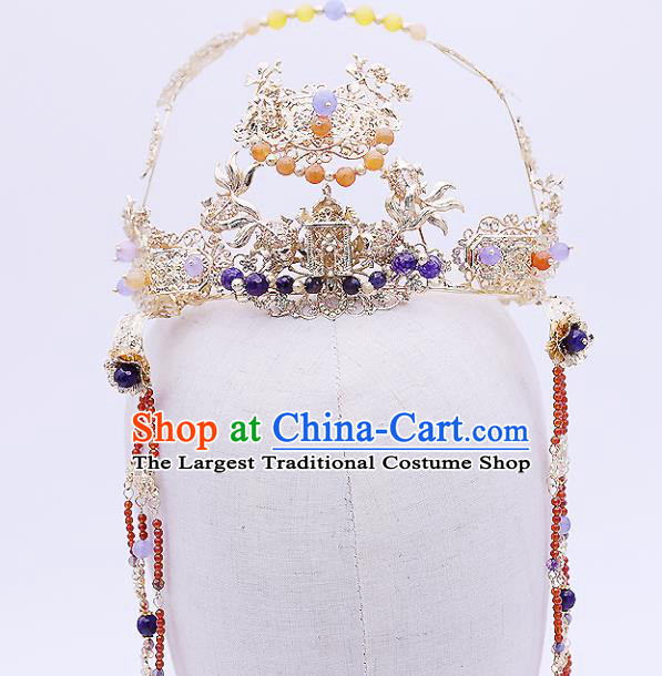 Top Chinese Ancient Traditional Wedding Hair Accessories Golden Phoenix Coronet Hairpins Complete Set for Women