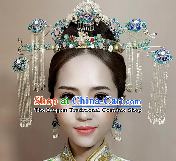 Top Chinese Ancient Traditional Wedding Hair Accessories Cloisonne Phoenix Coronet Hairpins Complete Set for Women