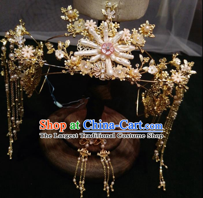 Top Chinese Traditional Wedding Hair Accessories Classical Pearls Phoenix Coronet Hairpins Headdress for Women