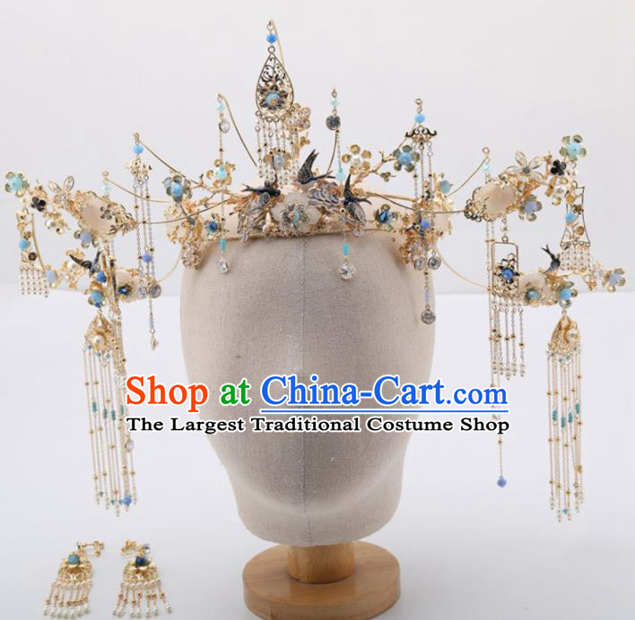 Top Chinese Traditional Wedding Hair Accessories Ancient Palace Blue Tassel Phoenix Coronet Hairpins for Women