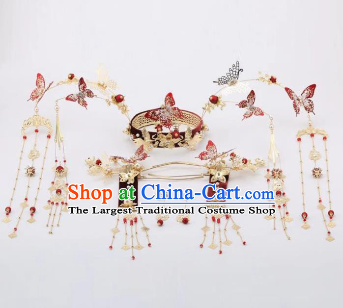 Top Chinese Traditional Wedding Hair Accessories Ancient Palace Red Butterfly Phoenix Coronet Hairpins for Women