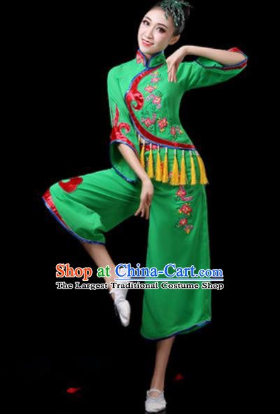 Chinese Traditional Folk Dance Costumes Fan Dance Group Dance Green Dress for Women