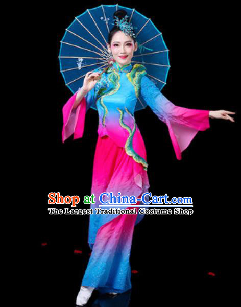 Chinese Traditional Folk Dance Costumes Fan Dance Yangko Group Dance Blue Clothing for Women