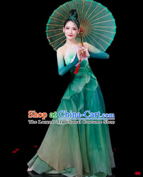 Chinese Classical Dance Umbrella Dance Costumes Traditional Lotus Dance Green Dress for Women