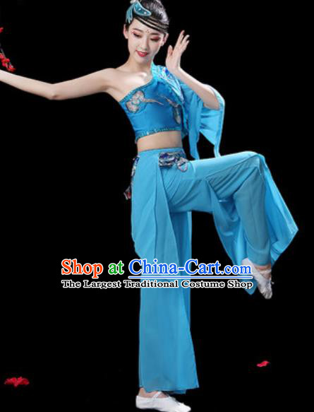 Traditional Chinese Folk Dance Single Sleeve Costumes Fan Dance Yangko Dance Blue Clothing for Women