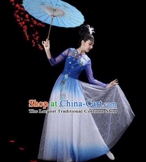Chinese Classical Dance Royalblue Veil Dress Traditional Umbrella Dance Fan Dance Costumes for Women