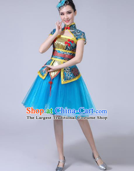 Traditional Chinese Folk Dance Drum Dance Costumes Fan Dance Yangko Dance Blue Dress for Women