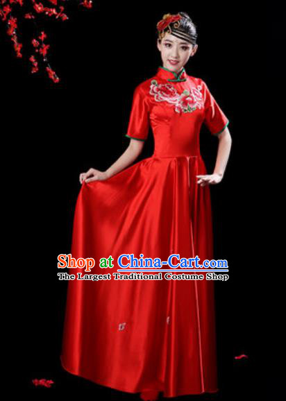 Chinese Classical Dance Chorus Red Silk Embroidered Dress Traditional Umbrella Dance Fan Dance Costumes for Women