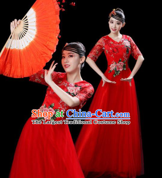 Professional Modern Dance Stage Show Costumes Chorus Group Dance Red Dress for Women