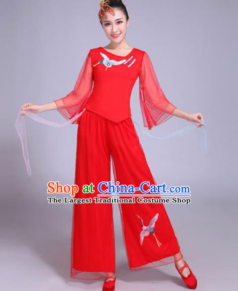 Chinese Traditional Yangko Dance Printing Cranes Costumes Folk Dance Fan Dance Red Clothing for Women