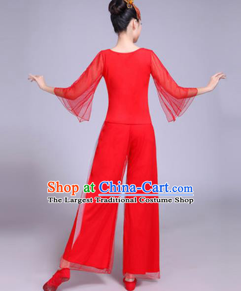 Chinese Traditional Yangko Dance Printing Cranes Costumes Folk Dance Fan Dance Red Clothing for Women