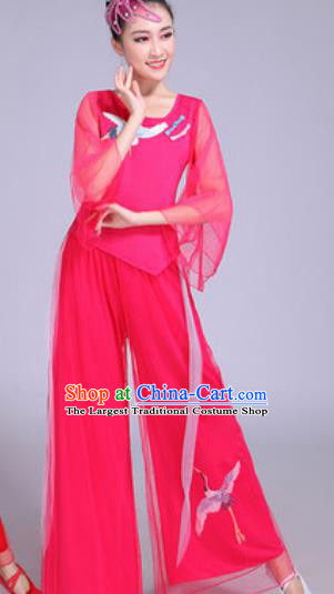 Chinese Traditional Yangko Dance Printing Cranes Costumes Folk Dance Fan Dance Pink Clothing for Women