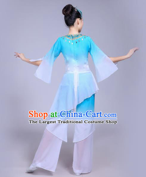 Chinese Traditional Yangko Dance Costumes Folk Dance Fan Dance Blue Clothing for Women
