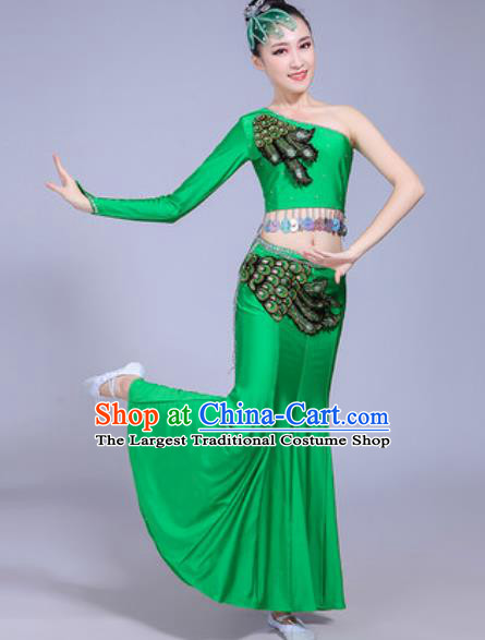 Traditional Chinese Dai Nationality Peacock Dance Costume Folk Dance Ethnic Pavane Green Dress for Women